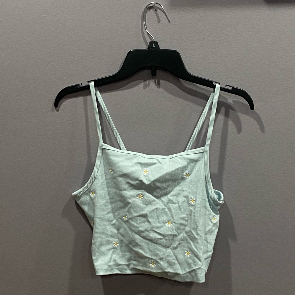 Baby blue spaghetti strap with white daises embroidered